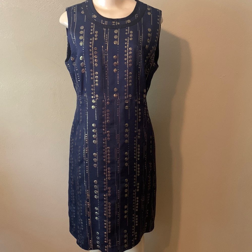 Tory Burch 12 Silk Blend navy gold Metallic Evening dress back zipper